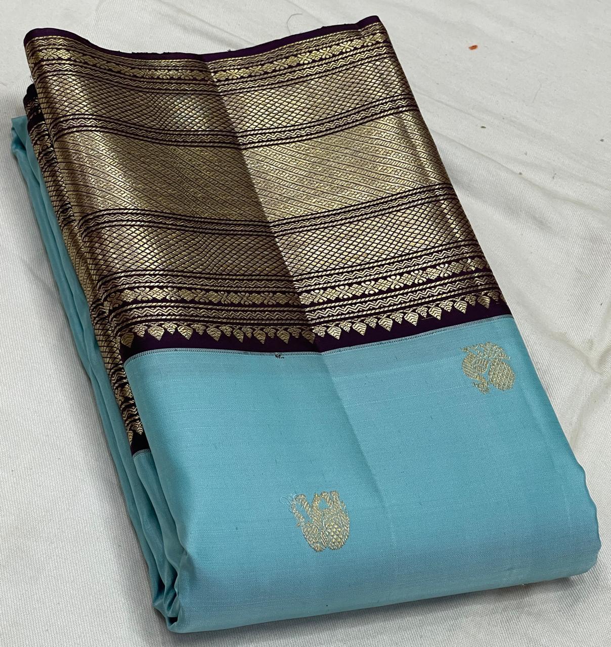 Classic Sky Blue & Aubergine 2gm Zari Kanchipuram Handloom Silk Saree SS25509