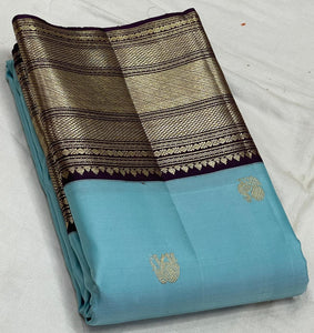 Classic Sky Blue & Aubergine 2gm Zari Kanchipuram Handloom Silk Saree SS25509