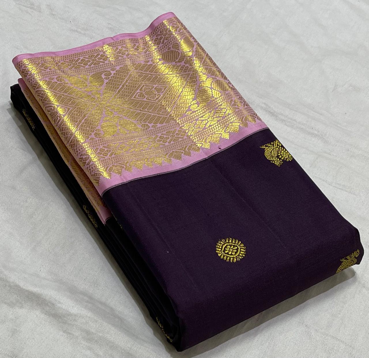 Dark Plum & Baby Pink 2gm Zari Kanchipuram Handloom Silk Saree SS25512