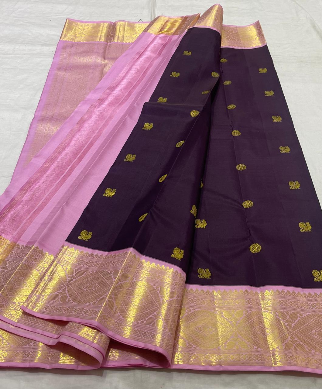 Dark Plum & Baby Pink 2gm Zari Kanchipuram Handloom Silk Saree SS25512