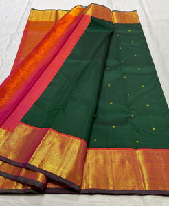 Classic Green & Orange Pink 2gm Zari Kanchipuram Handloom Silk Saree SS25513