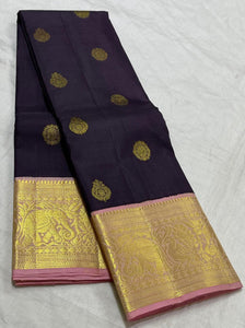 Dark Plum & Baby Pink 2gm Zari Kanchipuram Handloom Silk Saree SS25511