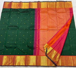 Classic Green & Orange Pink 2gm Zari Kanchipuram Handloom Silk Saree SS25513