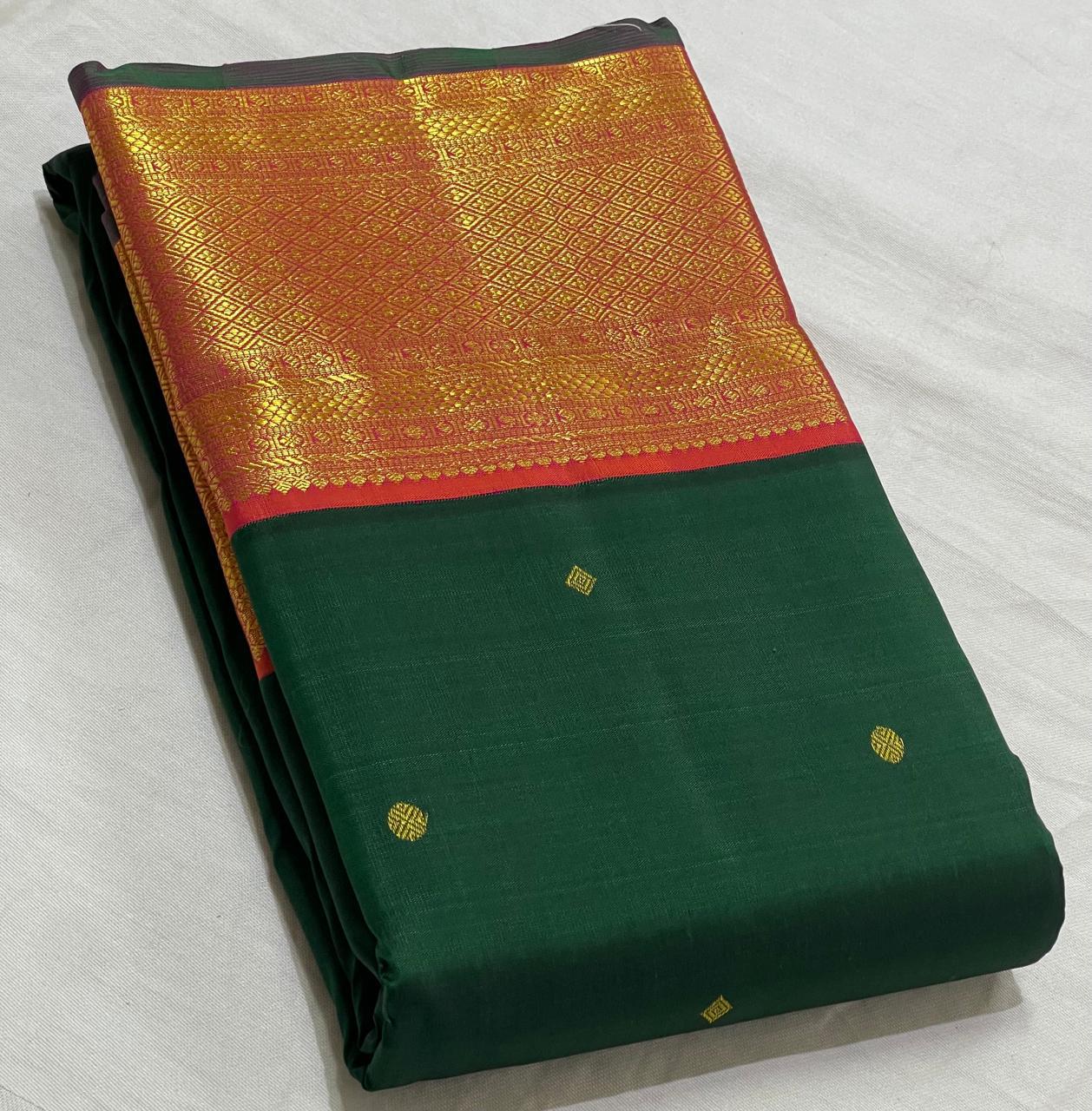 Classic Green & Orange Pink 2gm Zari Kanchipuram Handloom Silk Saree SS25513