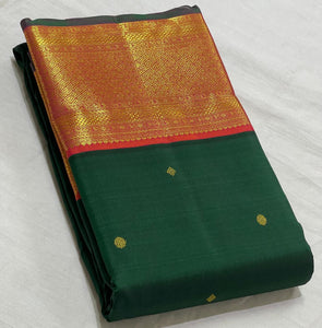 Classic Green & Orange Pink 2gm Zari Kanchipuram Handloom Silk Saree SS25513