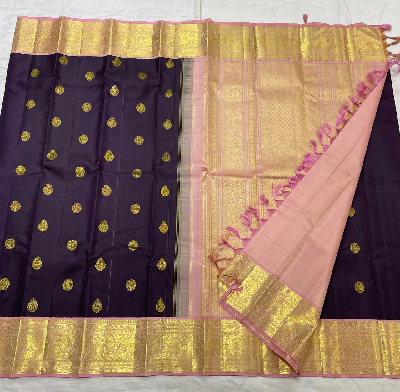 Dark Plum & Baby Pink 2gm Zari Kanchipuram Handloom Silk Saree SS25511
