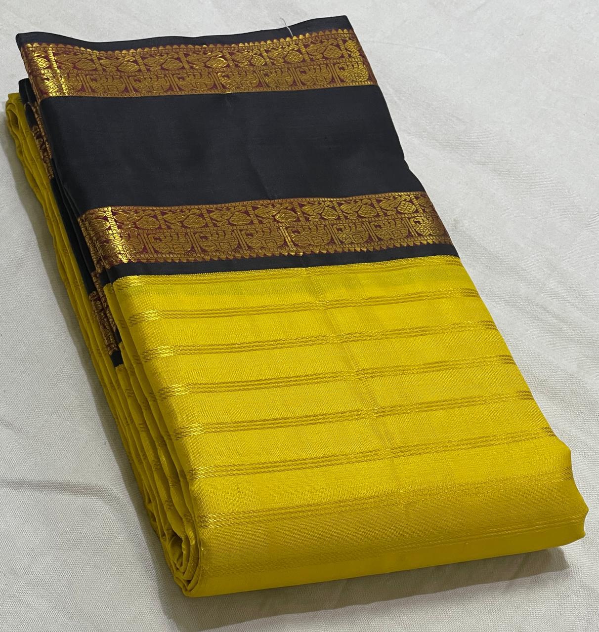 Classic Sunny Yellow & Black 2gm Zari Kanchipuram Handloom Silk Saree SS25518