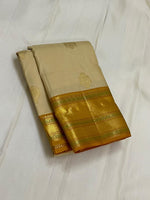 Load image into Gallery viewer, Classic Beige &amp; Mustard 1gm Zari Korvai Kanchipuram Handloom Silk Saree SS25856
