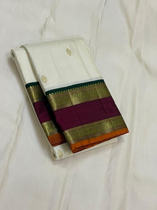 Classic White & Mahogany Red 1gm Zari Kanchipuram Handloom Silk Saree SS25855