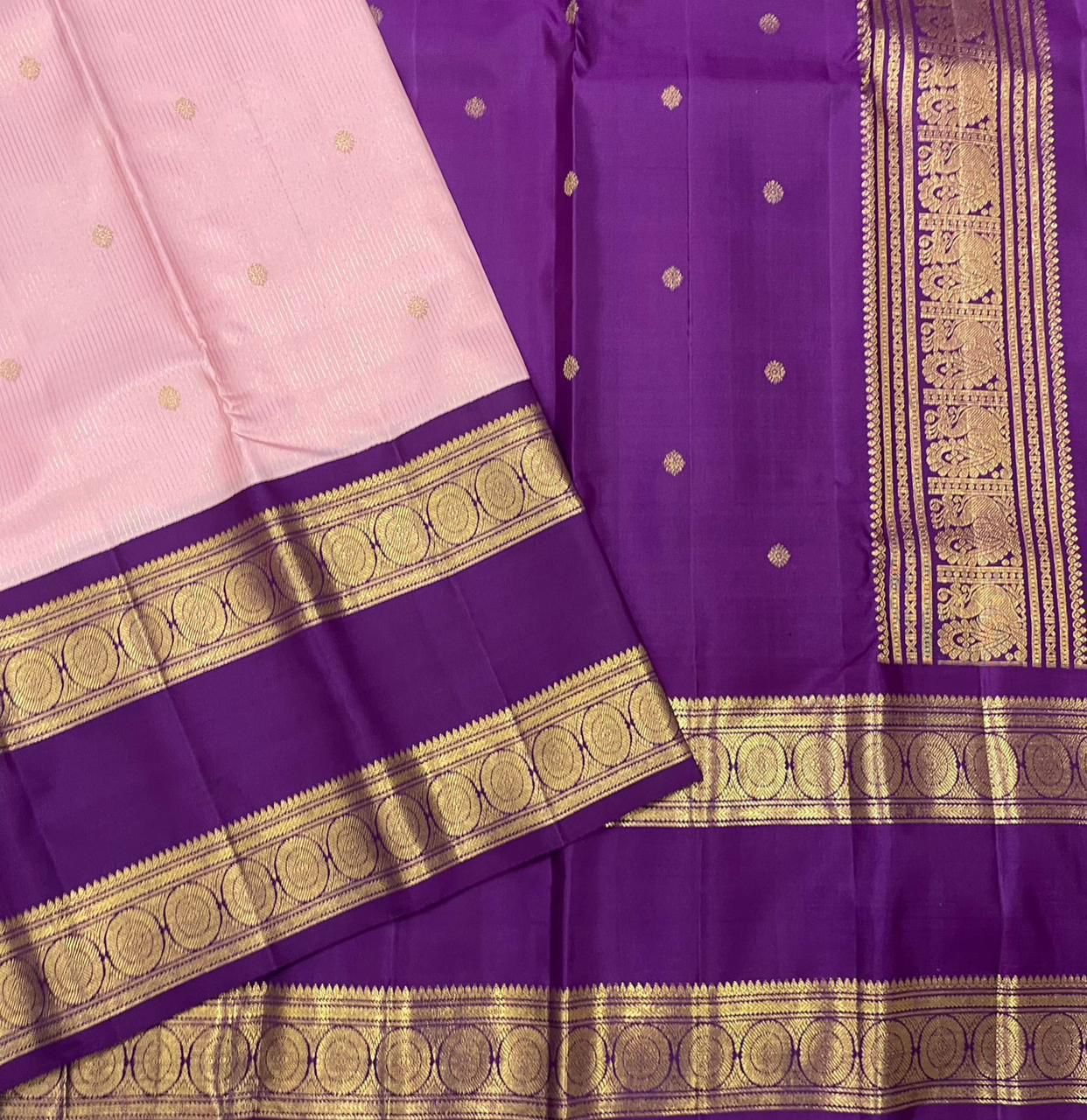Classic Pastel Pink & Vadamalli 2gm Zari Vintage Korvai Kanchipuram Handloom Silk Saree SS25854