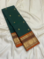 Load image into Gallery viewer, Classic Pine Green &amp; Orange 1gm Zari Butta Elegance Kanchipuram Handloom Silk Saree SS27518
