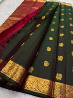 Load image into Gallery viewer, Classic Bottle Green &amp; Cherry Red Elegance Kanchipuram Handloom Silk Saree SS27830
