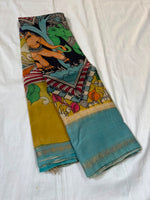 Load image into Gallery viewer, Classic Pen Kalamkari Mustard &amp; Teal Blue Elegance Banglore Silk Saree SS28026
