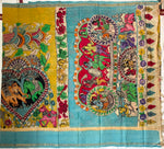 Load image into Gallery viewer, Classic Pen Kalamkari Mustard &amp; Teal Blue Elegance Banglore Silk Saree SS28026
