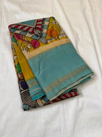 Load image into Gallery viewer, Classic Pen Kalamkari Mustard &amp; Teal Blue Elegance Banglore Silk Saree SS28026
