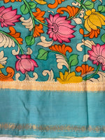 Load image into Gallery viewer, Classic Pen Kalamkari Mustard &amp; Teal Blue Elegance Banglore Silk Saree SS28026
