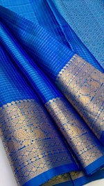 Load image into Gallery viewer, Classic Azure Blue Checks Jaquard Elegance Handloom Soft Silk Saree SS28034
