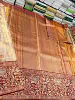 Load image into Gallery viewer, Classic Golden Cream &amp; Barn Red 2gm Zari Brocade Meenakari Tissue Bridal Elegance Kanchipuram Handloom Silk Saree SS28261
