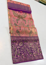 Load image into Gallery viewer, Classic Peach Rose &amp; Vadamalli Purple 2gm Zari Brocade Meenakari Tissue Bridal Elegance Kanchipuram Handloom Silk Saree SS28262
