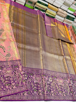 Load image into Gallery viewer, Classic Peach Rose &amp; Vadamalli Purple 2gm Zari Brocade Meenakari Tissue Bridal Elegance Kanchipuram Handloom Silk Saree SS28262

