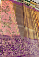 Load image into Gallery viewer, Classic Peach Rose &amp; Vadamalli Purple 2gm Zari Brocade Meenakari Tissue Bridal Elegance Kanchipuram Handloom Silk Saree SS28262
