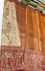 Load image into Gallery viewer, Classic Golden Cream &amp; Barn Red 2gm Zari Brocade Meenakari Tissue Bridal Elegance Kanchipuram Handloom Silk Saree SS28261
