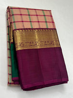 Load image into Gallery viewer, Classic Peach &amp; Wine Red checks 2gm Zari Elegance Kanchipuram Handloom Silk Saree SS28416

