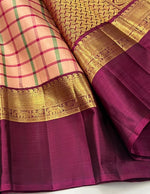 Load image into Gallery viewer, Classic Peach &amp; Wine Red checks 2gm Zari Elegance Kanchipuram Handloom Silk Saree SS28416
