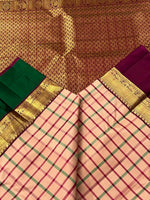 Load image into Gallery viewer, Classic Peach &amp; Wine Red checks 2gm Zari Elegance Kanchipuram Handloom Silk Saree SS28416
