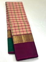 Load image into Gallery viewer, Classic Peach &amp; Wine Red checks 2gm Zari Elegance Kanchipuram Handloom Silk Saree SS28416
