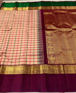 Load image into Gallery viewer, Classic Peach &amp; Wine Red checks 2gm Zari Elegance Kanchipuram Handloom Silk Saree SS28416
