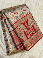 Load image into Gallery viewer, Classic Offwhite &amp; Crimson Red 2gm Zari Paithani Designer Brocade Bridal Elegance Kanchipuram Handloom Silk Saree SS28414
