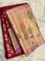 Load image into Gallery viewer, Classic Cherry Red Blush Pink &amp; Gold 2gm Zari Meenakari Designer Brocade Tissue Bridal Elegance Kanchipuram Handloom Silk Saree SS28409
