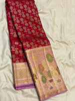 Load image into Gallery viewer, Classic Cherry Red Blush Pink &amp; Gold 2gm Zari Meenakari Designer Brocade Tissue Bridal Elegance Kanchipuram Handloom Silk Saree SS28409
