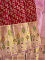Load image into Gallery viewer, Classic Cherry Red Blush Pink &amp; Gold 2gm Zari Meenakari Designer Brocade Tissue Bridal Elegance Kanchipuram Handloom Silk Saree SS28409
