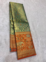 Load image into Gallery viewer, Classic Pastel Sea Green &amp; Mustard Orange Shimmer Gold 2gm Zari Tissue Bridal Elegance Kanchipuram Handloom Silk Saree SS28406
