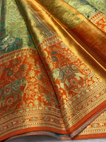 Load image into Gallery viewer, Classic Pastel Sea Green &amp; Mustard Orange Shimmer Gold 2gm Zari Tissue Bridal Elegance Kanchipuram Handloom Silk Saree SS28406
