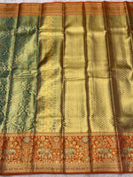 Load image into Gallery viewer, Classic Pastel Sea Green &amp; Mustard Orange Shimmer Gold 2gm Zari Tissue Bridal Elegance Kanchipuram Handloom Silk Saree SS28406
