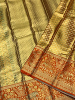 Load image into Gallery viewer, Classic Pastel Sea Green &amp; Mustard Orange Shimmer Gold 2gm Zari Tissue Bridal Elegance Kanchipuram Handloom Silk Saree SS28406
