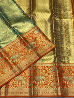 Load image into Gallery viewer, Classic Pastel Sea Green &amp; Mustard Orange Shimmer Gold 2gm Zari Tissue Bridal Elegance Kanchipuram Handloom Silk Saree SS28406
