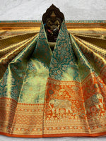 Load image into Gallery viewer, Classic Pastel Sea Green &amp; Mustard Orange Shimmer Gold 2gm Zari Tissue Bridal Elegance Kanchipuram Handloom Silk Saree SS28406
