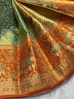 Load image into Gallery viewer, Classic Pastel Sea Green &amp; Mustard Orange Shimmer Gold 2gm Zari Tissue Bridal Elegance Kanchipuram Handloom Silk Saree SS28406
