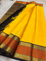 Load image into Gallery viewer, Classic Sunny Yellow &amp; Charcoal Black Elegance Kanchipuram Handloom Silk Saree SS28419
