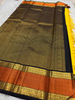 Load image into Gallery viewer, Classic Sunny Yellow &amp; Charcoal Black Elegance Kanchipuram Handloom Silk Saree SS28419

