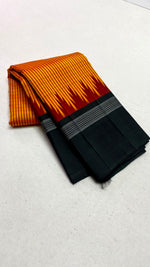 Load image into Gallery viewer, Classic Orange &amp; Charcoal Black Korvai Temple Border Elegance Kanchipuram Handloom Silk Saree SS28499
