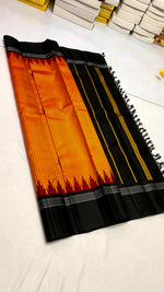 Load image into Gallery viewer, Classic Orange &amp; Charcoal Black Korvai Temple Border Elegance Kanchipuram Handloom Silk Saree SS28499
