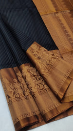 Load image into Gallery viewer, Classic Charcoal Black &amp; Mustard Double Warp Elegance Handloom Soft Silk Saree SS28500
