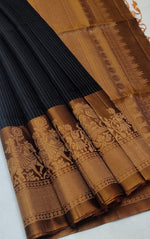 Load image into Gallery viewer, Classic Charcoal Black &amp; Mustard Double Warp Elegance Handloom Soft Silk Saree SS28500
