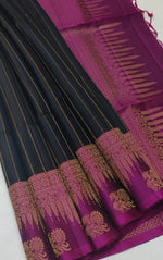 Load image into Gallery viewer, Classic Charcoal Black &amp; Wine Red Double Warp Elegance Handloom Soft Silk Saree SS28503
