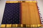 Load image into Gallery viewer, Classic Dark Navy Blue &amp; Dark Red Tiny Floral Motifs Bridal Elegance Kanchipuram Handloom Silk Saree SS28524
